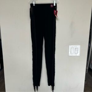 NWT FD Black sheer Ballroom Dance Latin Leggings Fringe Accent.  Size 10-12yo.